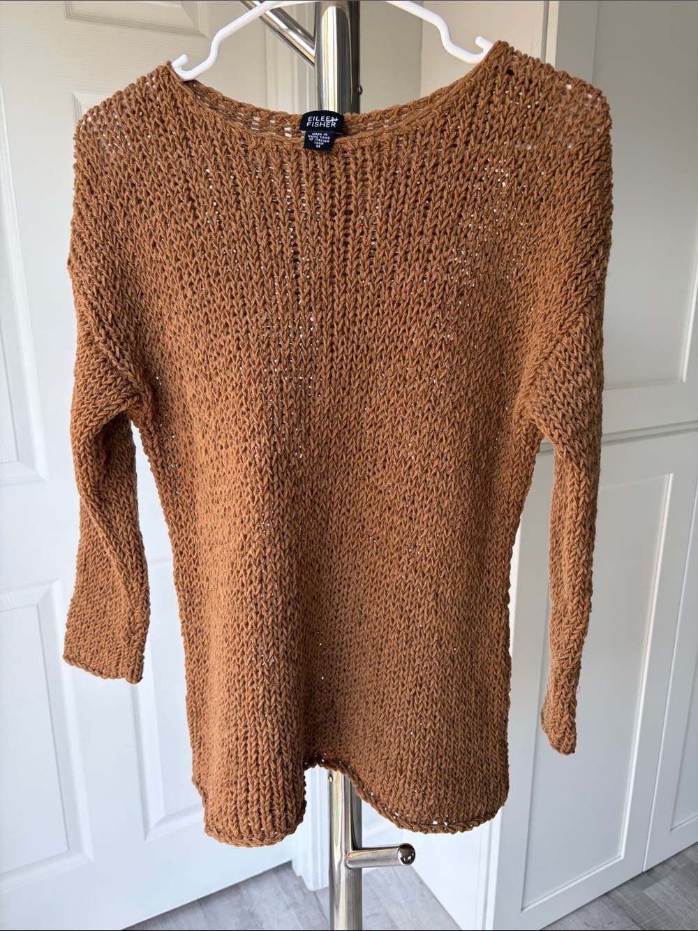 Eileen Fisher Tan Open-Knit Crewneck Sweater, Size M.
